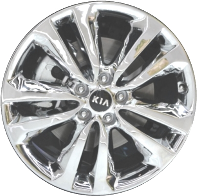 KIA Sedona 2015-2018 chrome 19x7.5 aluminum wheels or rims. Hollander part number ALY74717, OEM part number 52910A9300, 52910A9310, 52910A9350.