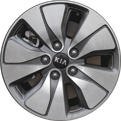 KIA Optima 2017-2019 grey machined 16x6.5 aluminum wheels or rims. Hollander part number ALY74758, OEM part number 52910A8110, 52910A8100.