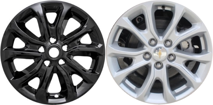 Chevrolet Equinox 2018-2021 Black Painted, 10 Spoke, Plastic Hubcaps, Wheel Covers, Wheel Skins, Imposters. Fits 17 Inch Alloy Wheel Pictured to Right. Part Number IMP-409BLK/7018GB.