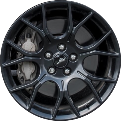 Ford Mustang 2018-2023 powder coat black 19x9 aluminum wheels or rims. Hollander part number ALY10163, OEM part number JR3Z1007E.