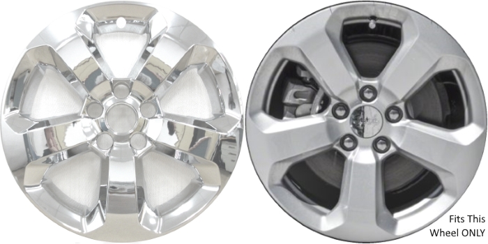 Jeep Compass 2018-2021 Chrome, 5 Spoke, Plastic Hubcaps, Wheel Covers, Wheel Skins, Imposters. ONLY Fits 17 Inch Alloy Wheel Pictured. Part Number IMP-7017PC.