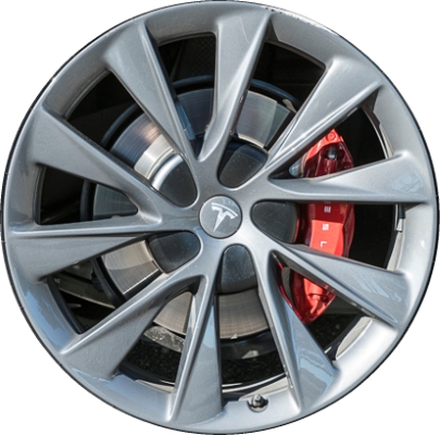 Tesla Model S 2018-2021 powder coat charcoal 21x8.5 aluminum wheels or rims. Hollander part number ALY96249U30/210038, OEM part number Not Yet Known.