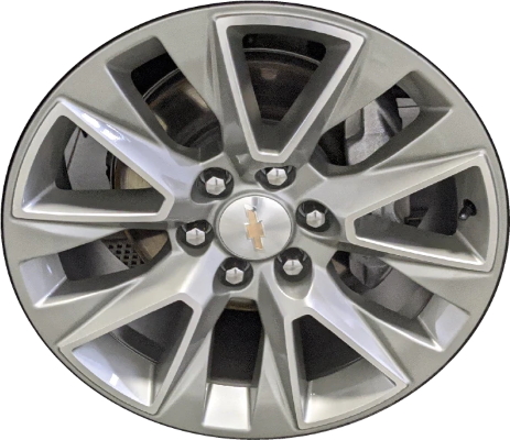 Chevrolet Silverado 1500 2019-2021, Silverado 1500 LTD 2022 silver machined 20x9 aluminum wheels or rims. Hollander part number 5919U30.LS86, OEM part number 84486663.