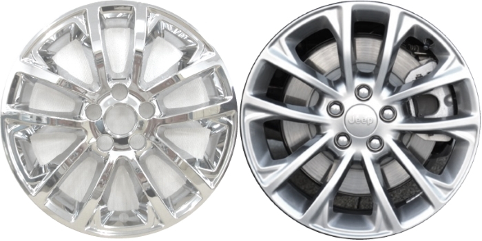 Jeep Cherokee 2019-2022 Chrome, 10 Spoke, Plastic Hubcaps, Wheel Covers, Wheel Skins, Imposters. Fits 17 Inch Alloy Wheel Pictured to Right. Part Number IMP-7919PC.