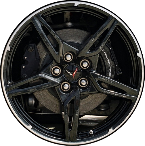 Chevrolet Corvette 2020-2023 powder coat black w/ machined lip 19x8.5 aluminum wheels or rims. Hollander part number ALY14007U45/14009, OEM part number 84785085.