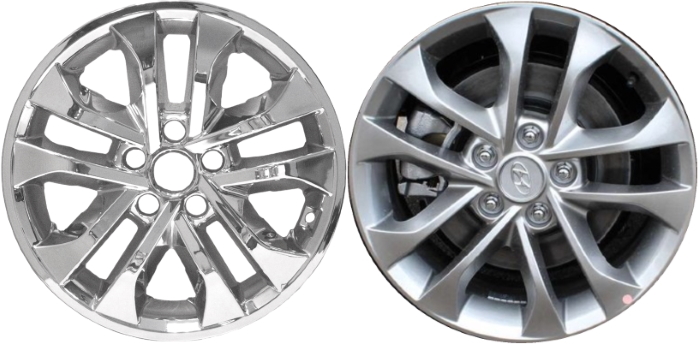 Hyundai Santa Fe 2019-2020 Chrome, 10 Spoke, Plastic Hubcaps, Wheel Covers, Wheel Skins, Imposters. Fits 17 Inch Alloy Wheel Pictured to Right. Part Number IMP-7710PC.