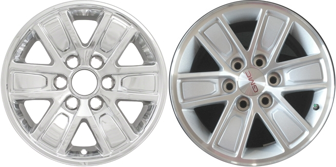 GMC Sierra 1500 2014-2018, GMC Sierra 1500 Limited 2019 Chrome, 6 Spoke, Plastic Hubcaps, Wheel Covers, Wheel Skins, Imposters. Fits 17 Inch Alloy Wheel Pictured to Right. Part Number IMP-391X.