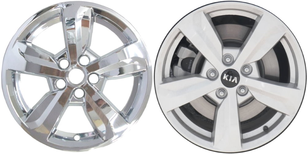 KIA Sorento 2021-2023 Chrome, 5 Spoke, Plastic Hubcaps, Wheel Covers, Wheel Skins, Imposters. Fits 17 Inch Alloy Wheel Pictured to Right. Part Number IMP-475X/7021PC.