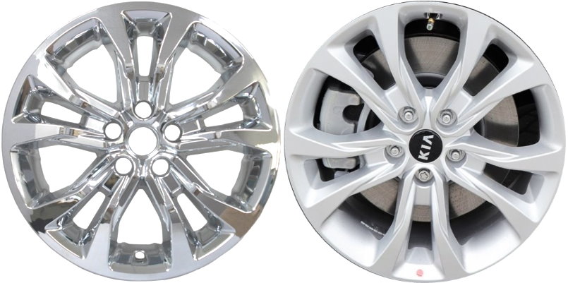 KIA Telluride 2020-2022 Chrome, 10 Spoke, Plastic Hubcaps, Wheel Covers, Wheel Skins, Imposters. Fits 18 Inch Alloy Wheel Pictured to Right. Part Number IMP-467X/8820PC.