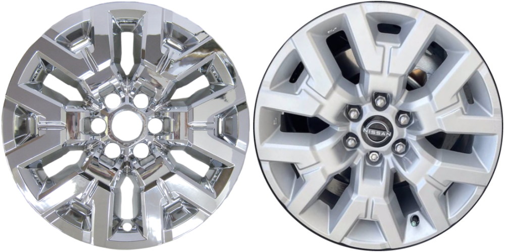 Nissan Frontier 2022-2024 Chrome, 6 Y-Spoke, Plastic Hubcaps, Wheel Covers, Wheel Skins, Imposters. Fits 17 Inch Alloy Wheel Pictured to Right. Part Number IMP-7261PC.