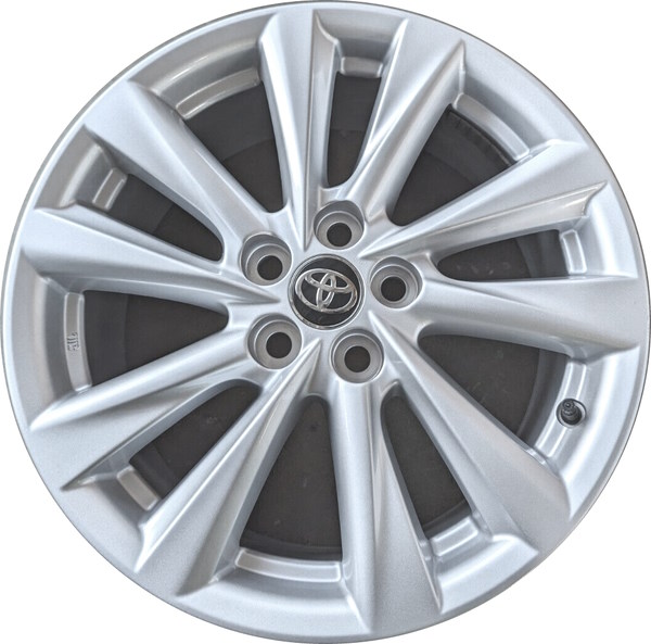 Toyota Corolla 2023-2024 powder coat silver 16x7 aluminum wheels or rims. Hollander part number ALY69301, OEM part number 42611-12F90, 42611-12G00, 426110-2Y20.