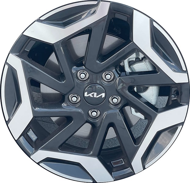 KIA Seltos 2024 black machined 18x7.5 aluminum wheels or rims. Hollander part number ALYKM077, OEM part number.