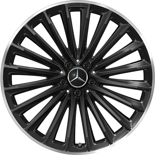 Mercedes-Benz EQE Sedan 2023 black machined 21x9 aluminum wheels or rims. Hollander part number ALY85888, OEM part number 29540125007X72.