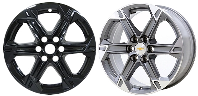 Chevrolet Blazer 2023-2024 Black, 6 Spoke, Plastic Hubcaps, Wheel Covers, Wheel Skins, Imposters. Fits 18 Inch Alloy Wheel Pictured On Right. Part Number IMP-8023GB