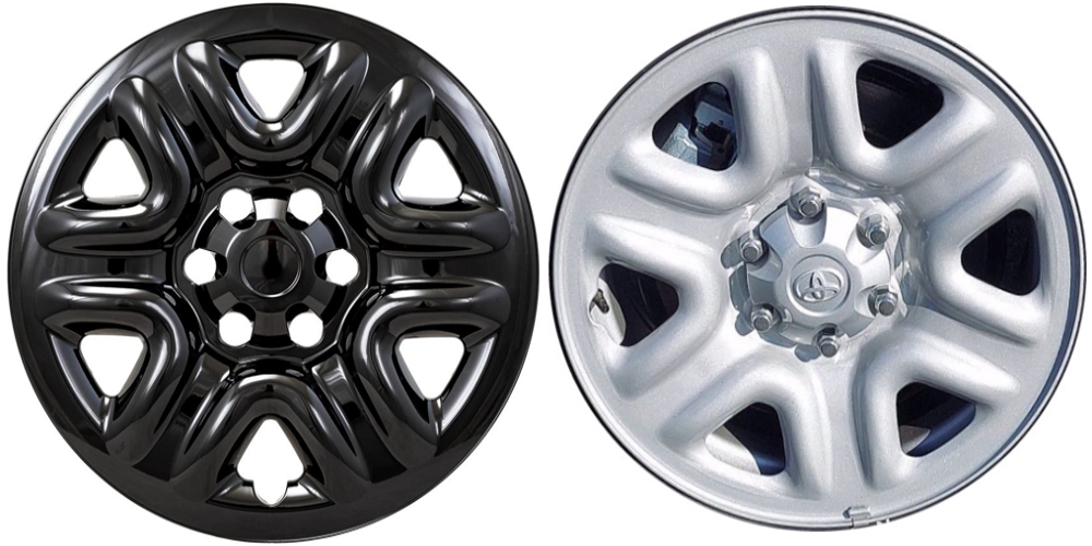 Toyota Tundra 2022-2024 Chrome, 6 Spoke, Plastic Hubcaps, Wheel Covers, Wheel Skins, Imposters. Fits 18 Inch Steel Wheel Pictured to Right. Part Number IMP-103BLK