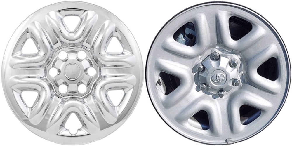 Toyota Tundra 2022-2024 Chrome, 6 Spoke, Plastic Hubcaps, Wheel Covers, Wheel Skins, Imposters. Fits 18 Inch Steel Wheel Pictured to Right. Part Number IMP-103X