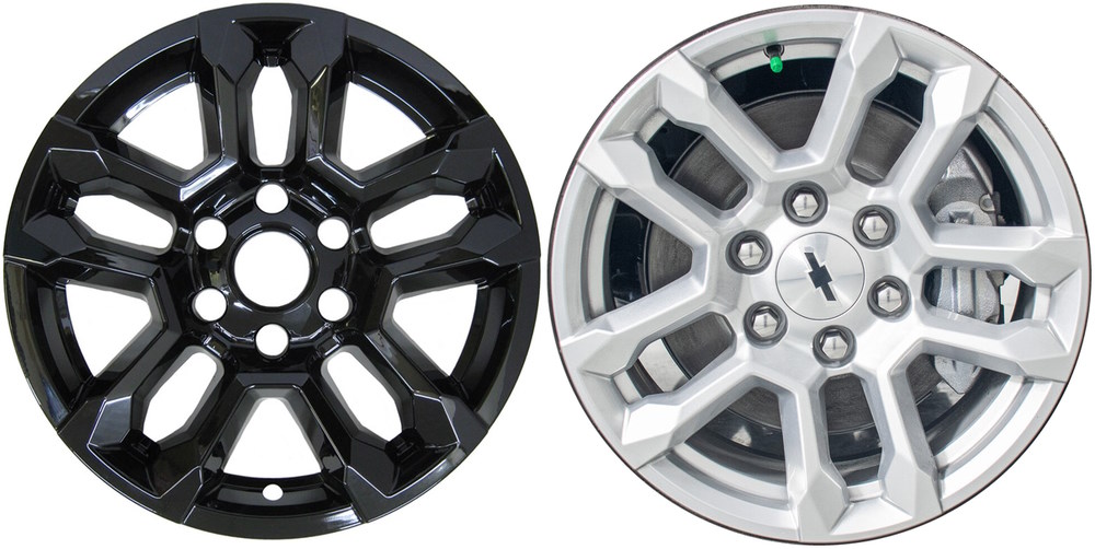 Chevrolet Silverado 1500 2022-2024 Black, 10 Spoke, Plastic Hubcaps, Wheel Covers, Wheel Skins, Imposters. Fits 18 Inch Alloy Wheel Pictured to Right. Part Number IMP-502BLK/8022GB.