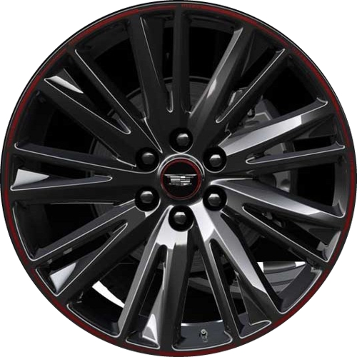 Cadillac Lyriq 2024-2025 powder coat black painted with red accents 22x9.5 aluminum wheels or rims. Hollander part number ALY94032B, OEM part number 84789281