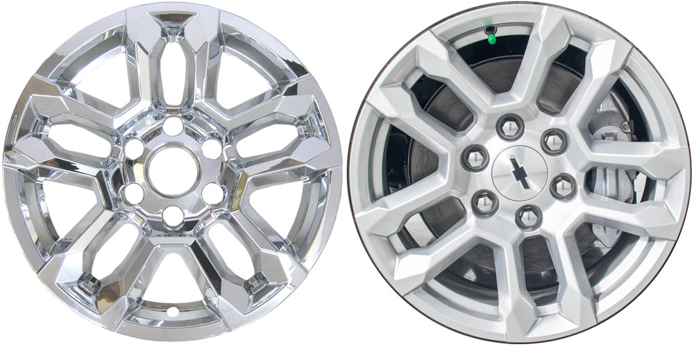 Chevrolet Silverado 1500 2022-2024 Chrome, 10 Spoke, Plastic Hubcaps, Wheel Covers, Wheel Skins, Imposters. Fits 18 Inch Alloy Wheel Pictured to Right. Part Number IMP-502X/8022PC.