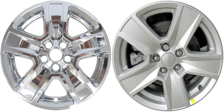 Jeep Compass 2022 Chrome, 5 Spoke, Plastic Hubcaps, Wheel Covers, Wheel Skins, Imposters. Fits 17 Inch Alloy Wheel Pictured to Right. Part Number IMP-7922PC.