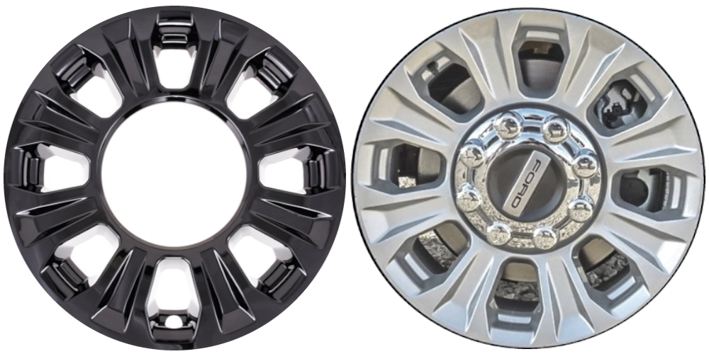 Ford F-250 2020-2022, Ford F-350 SRW 2020-2022 Black, 8 Spoke, Plastic Hubcaps, Wheel Covers, Wheel Skins, Imposters. ONLY Fits 18 Inch Alloy Wheel Pictured. Part Number IMP-493BLK.