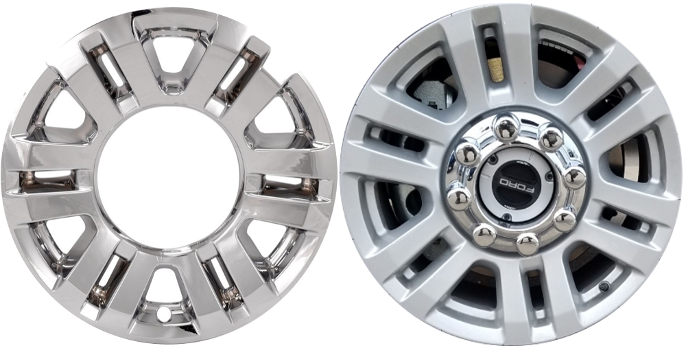 Ford F-250 2017-2019, Ford F-350 SRW 2017-2019 Chrome, 6 Split Spoke, Plastic Hubcaps, Wheel Covers, Wheel Skins, Imposters. ONLY Fits 17 Inch Alloy Wheel Pictured. Part Number IMP-470X