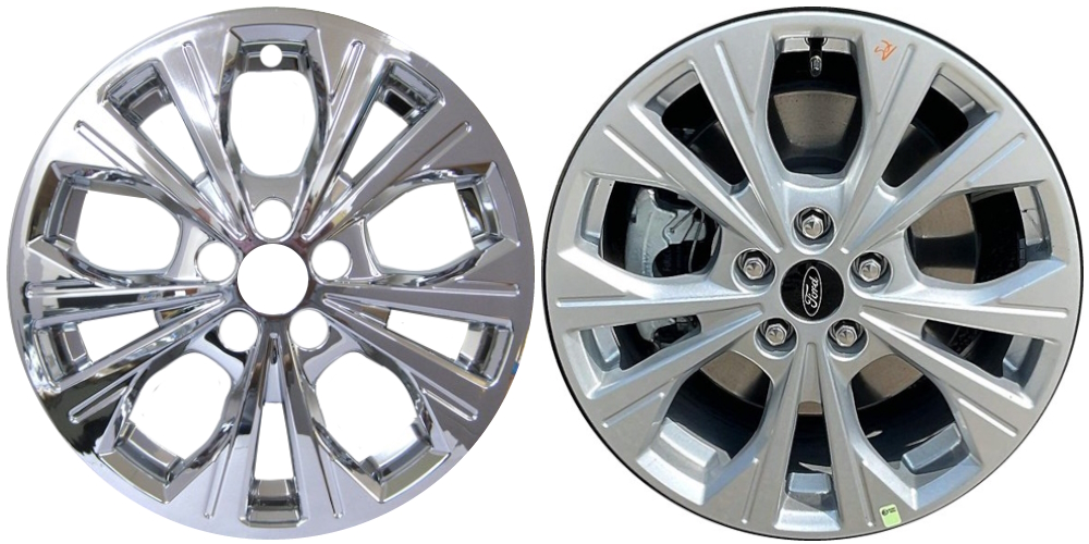 Ford Escape 2023 2024 Chrome, 10 Spoke, Plastic Hubcaps, Wheel Covers, Wheel Skins, Imposters. Fits 17 Inch Alloy Wheel Pictured to Right. Part Number IMP-7201PC.