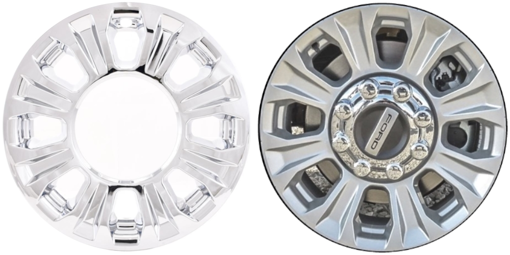 Ford F-250 2020-2022, Ford F-350 SRW 2020-2022 Chrome, 8 Spoke, Plastic Hubcaps, Wheel Covers, Wheel Skins, Imposters. ONLY Fits 18 Inch Alloy Wheel Pictured. Part Number IMP-493BLK.