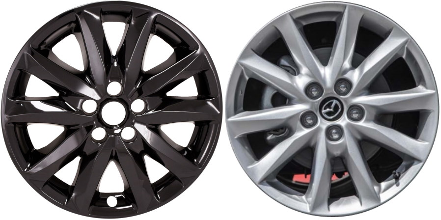Mazda 3 2017-2018 Black Painted, 10 Spoke, Plastic Hubcaps, Wheel Covers, Wheel Skins, Imposters. Fits 18 Inch Alloy Wheel Pictured to Right. Part Number IMP-473BLK.