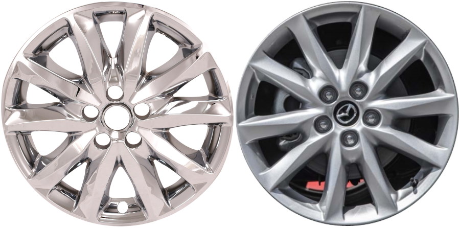 Mazda 3 2017-2018 Chrome, 10 Spoke, Plastic Hubcaps, Wheel Covers, Wheel Skins, Imposters. Fits 18 Inch Alloy Wheel Pictured to Right. Part Number IMP-473X.