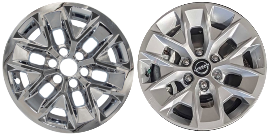 Nissan Frontier 2023-2025 Chrome, 6 Y-Spoke, Plastic Hubcaps, Wheel Covers, Wheel Skins, Imposters. Fits 16 Inch Alloy Wheel Pictured to Right. Part Number IMP-6024PC.