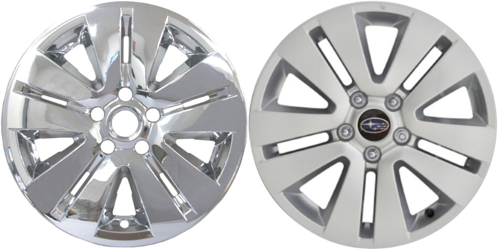 Subaru Outback 2015-2020 Chrome, 10 Spoke, Plastic Hubcaps, Wheel Covers, Wheel Skins, Imposters. Fits 17 Inch Alloy Wheel Pictured to Right. Part Number IMP-7688PC.