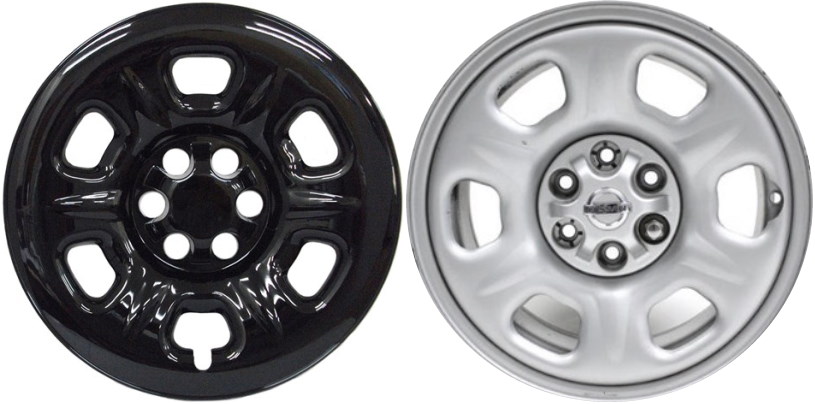 Nissan Frontier 2005-2024, Nissan Xterra 2005-2015 Black, 6 Hole, Plastic Hubcaps, Wheel Covers, Wheel Skins, Imposters. Fits 16 Inch Steel Wheel Pictured to Right. Part Number IMP-6944GB.