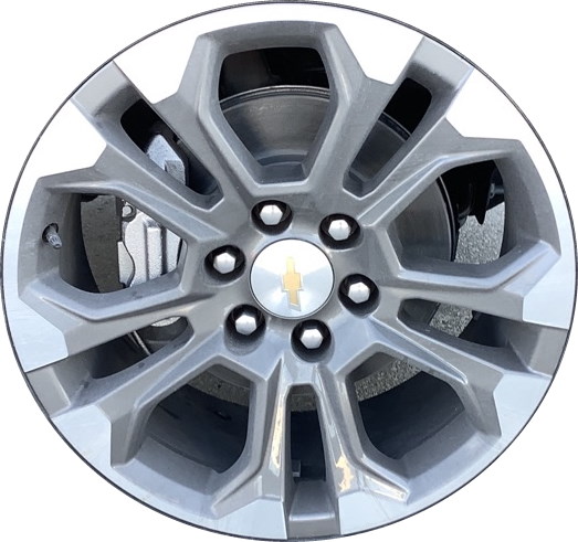 Chevrolet Silverado 1500 2022-2024 dark grey machined 20x9 aluminum wheels or rims. Hollander part number ALY14090A, OEM part number 84726383.
