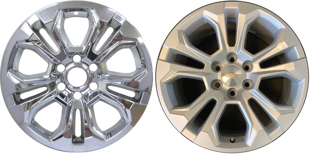 Chevrolet Silverado 1500 2022-2024 Chrome, 10 Spoke, Plastic Hubcaps, Wheel Covers, Wheel Skins, Imposters. Fits 20 Inch Alloy Wheel Pictured to Right. Part Number IMP-2022PC.