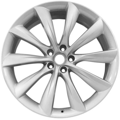 Tesla Model X 2016-2017 powder coat silver 22x9 aluminum wheels or rims. Hollander part number ALY97771U20/220017, OEM part number Not Yet Known.