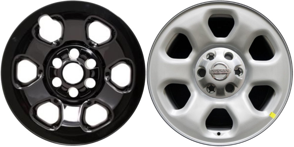 Nissan Titan 2013-2024 Black, 6 Spoke, Plastic Hubcaps, Wheel Covers, Wheel Skins, Imposters. Fits 18 Inch Steel Wheel Pictured to Right. Part Number IMP-90BLK.