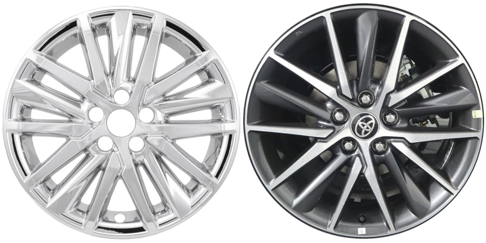 Toyota Camry 2021-2024 Chrome, 15 Spoke, Plastic Hubcaps, Wheel Covers, Wheel Skins, Imposters. ONLY Fits 18 Inch Alloy Wheel Pictured. Part Number IMP-480BLK.