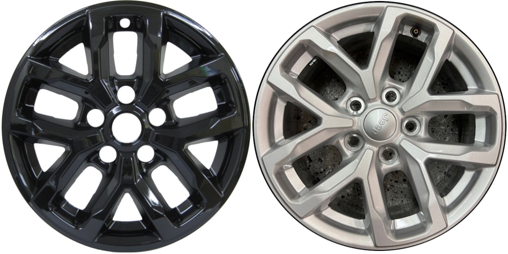 Jeep Gladiator 2022-2023 Jeep Wrangler 2023 Black, 10 Spoke, Plastic Hubcaps, Wheel Covers, Wheel Skins, Imposters. ONLY Fits 17 Inch Alloy Wheel Pictured. Part Number IMP-7993GB