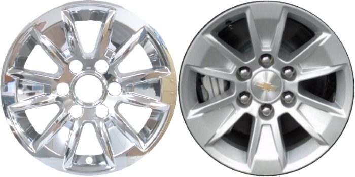 Chevrolet Silverado 1500 2019-2024, GMC Sierra 1500 2019-2024 Chrome, 6 Spoke, Plastic Hubcaps, Wheel Covers, Wheel Skins, Imposters. Fits 17 Inch Alloy Wheel Pictured to Right. Part Number IMP-436X/7519PC.