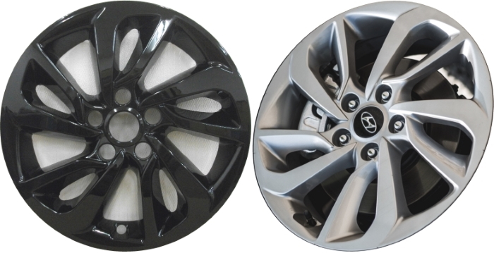 Hyundai Tucson 2016-2018 Black, 10 Spoke, Plastic Hubcaps, Wheel Covers, Wheel Skins, Imposters. Fits 17 Inch Alloy Wheel Pictured to Right. Part Number IMP-7708GB.