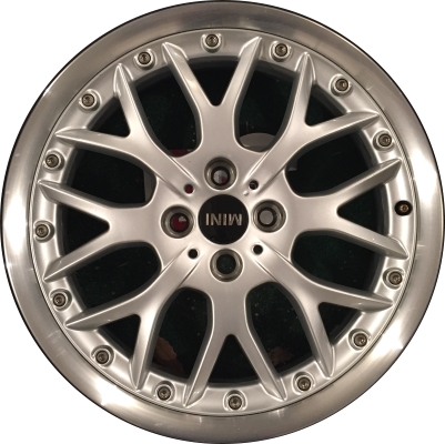 Mini Clubman 2008-2014, Cooper (Convertible) 2003-2014, Cooper (Coupe) 2011-2014, Cooper (Hardtop) 2003-2013 silver machined 17x7 aluminum wheels or rims. Hollander part number 59405U20, OEM part number 36116755813, 36116777968.