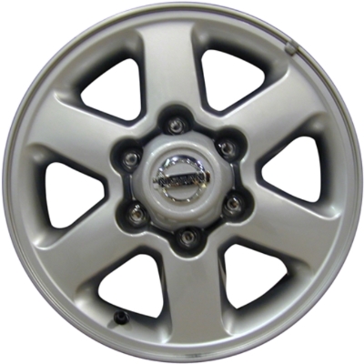 Nissan Frontier 2003-2004 powder coat silver 16x7 aluminum wheels or rims. Hollander part number ALY62407, OEM part number 403001Z600, 403001Z617.