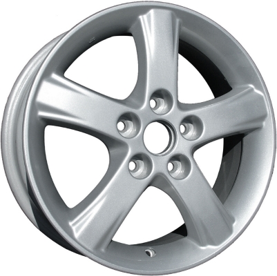 Mazda Protege 2002-2003 powder coat silver 16x6 aluminum wheels or rims. Hollander part number ALY64852U20, OEM part number 9965476060, 9965486060, 9965496060.