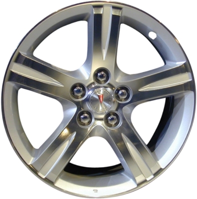 Pontiac Vibe 2009-2010 silver machined 17x7 aluminum wheels or rims. Hollander part number ALY6649, OEM part number 19184108.