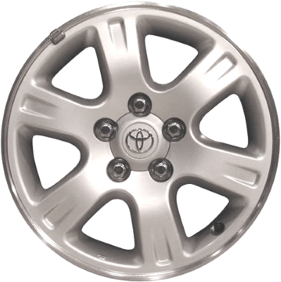 Toyota Highlander 2001-2007 powder coat silver 16x6.5 aluminum wheels or rims. Hollander part number ALY69397U, OEM part number 4261148080, 4261148090, 4261148270, 4261148280.