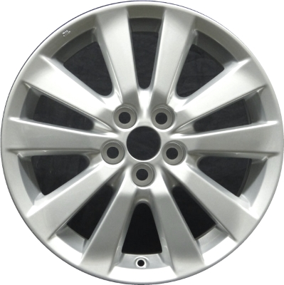 Toyota Corolla 2009-2010, Matrix FWD 2009-2010 powder coat silver 16x6.5 aluminum wheels or rims. Hollander part number 69544, OEM part number 4261102A10, 4261112C00.