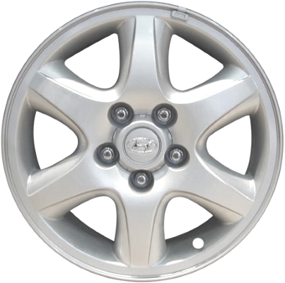 Hyundai Tucson 2005-2006 powder coat silver 16x6.5 aluminum wheels or rims. Hollander part number ALY70714, OEM part number 529102E200, 529102E210.