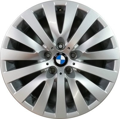 BMW 535i GT 2010-2017, 550i GT 2010-2017, 640i 2016-2019, 650i 2016-2019, 740i 2011-2015, 750i 2009-2015, 760i 2010-2015, ActiveHybrid 7 2011-2015, M6 2016-2019 powder coat silver 18x8 aluminum wheels or rims. Hollander part number 71327, OEM part number 36116775777.