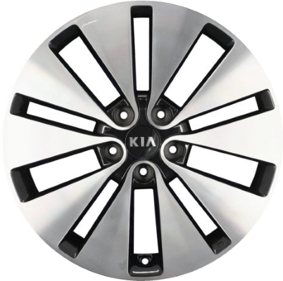 KIA Optima 2011-2013 black machined 18x7.5 aluminum wheels or rims. Hollander part number ALY74645, OEM part number 529102T550, 529102T510.